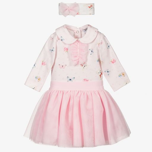 Monnalisa-طقم تنورة قطن لون زهري وأبيض | Childrensalon Outlet