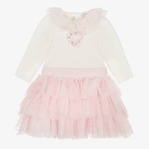 Monnalisa-Белое боди и розовая юбка из тюля | Childrensalon Outlet