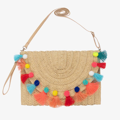 Monnalisa-Beige Straw Pom-Pom Bag (28cm) | Childrensalon Outlet