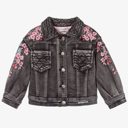 Monnalisa-Black Floral Denim Jacket | Childrensalon Outlet