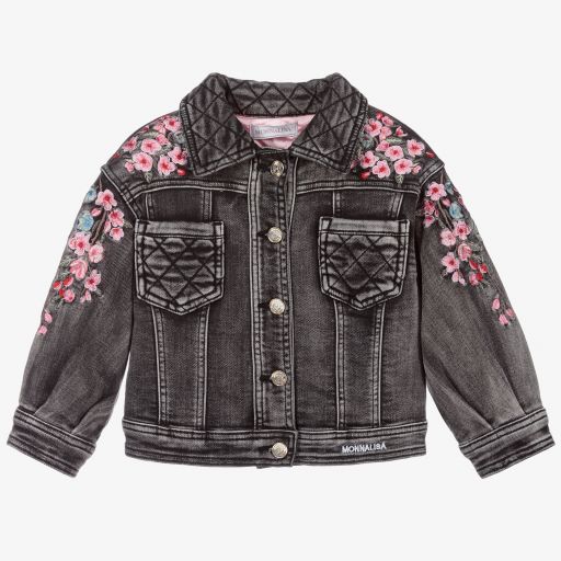 Monnalisa-Schwarze Jeansjacke mit Blumenmuster | Childrensalon Outlet