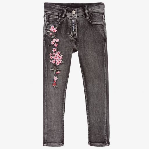 Monnalisa-Black Floral Denim Jeans | Childrensalon Outlet