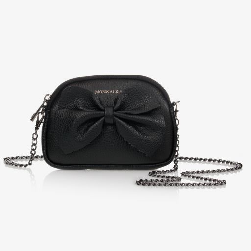 Monnalisa-حقيبة جلد مزينة بفيونكة لون أسود للبنات (18 سم) | Childrensalon Outlet