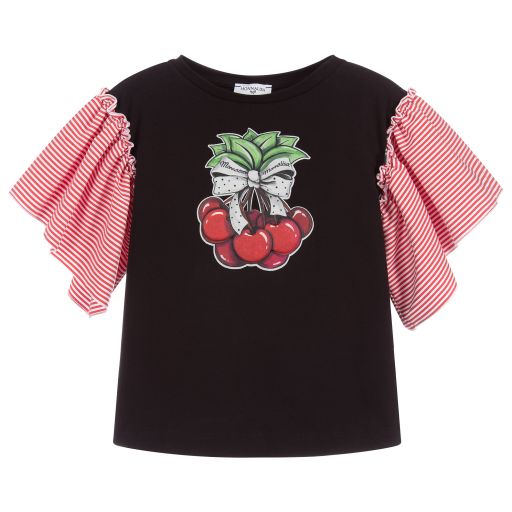 Monnalisa-Black & Red Cherry T-Shirt | Childrensalon Outlet