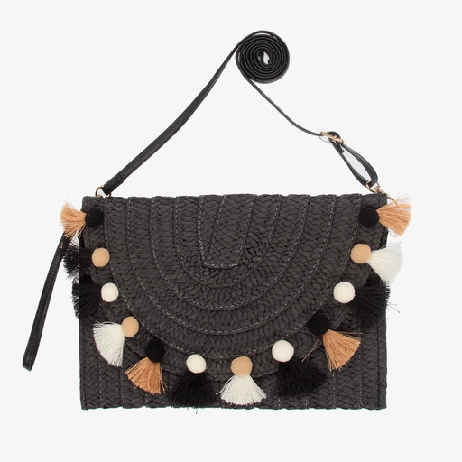Monnalisa-Black Straw Pom-Pom Bag (28cm) | Childrensalon Outlet