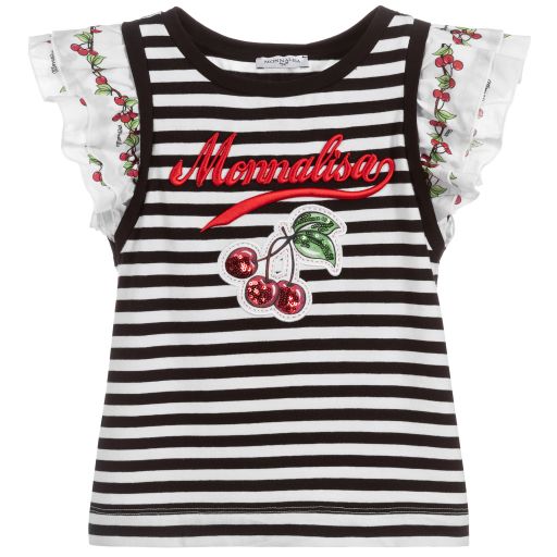 Monnalisa-Black Striped Cotton T-Shirt | Childrensalon Outlet
