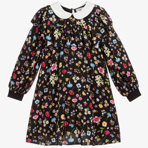 Monnalisa-Black Viscose Floral Dress | Childrensalon Outlet