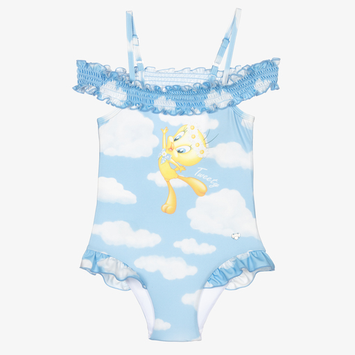 Monnalisa-Blauer Tweety Badeanzug mit Wolken | Childrensalon Outlet