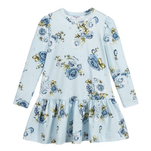 Monnalisa-Blue Cotton Floral Dress | Childrensalon Outlet