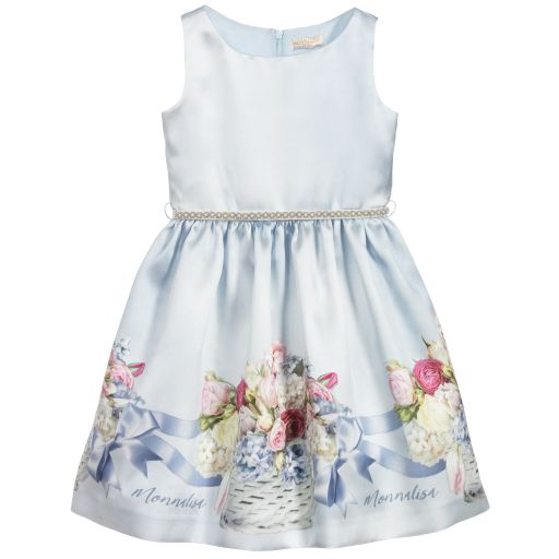 Monnalisa Chic-Blue Floral Satin Dress | Childrensalon Outlet