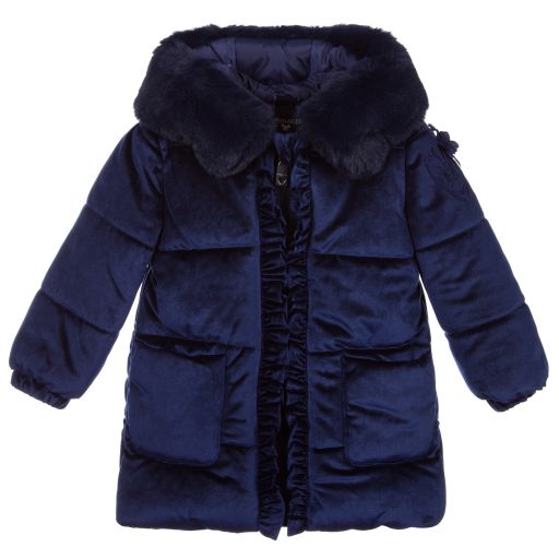 Monnalisa-Blue Velour Puffer Coat | Childrensalon Outlet