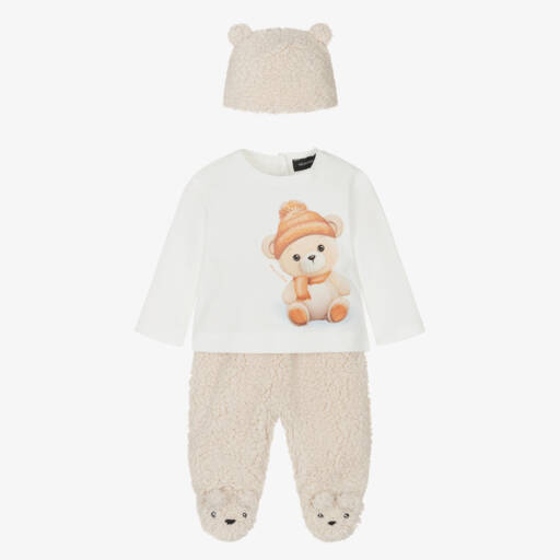 Monnalisa-طقم أفرول أطفال ولادي شيربا فليس لون بيج و عاجي | Childrensalon Outlet