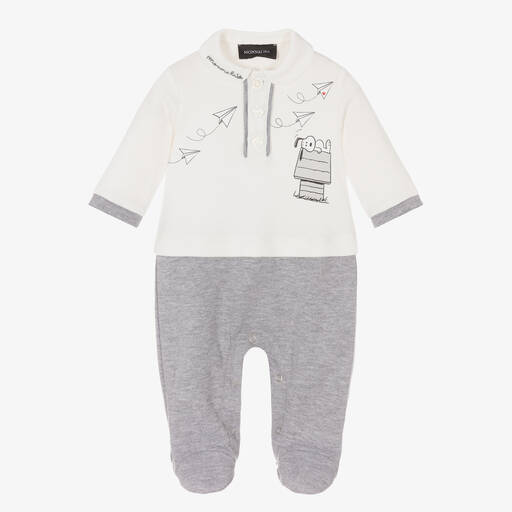 Monnalisa-Boys Ivory & Grey Cotton Peanuts Babygrow | Childrensalon Outlet