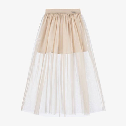 Monnalisa-Girls Ankle-Length Beige Tulle Skirt | Childrensalon Outlet