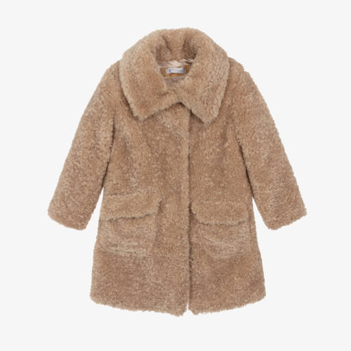Monnalisa-Girls Beige Fluffy Fleece Coat | Childrensalon Outlet