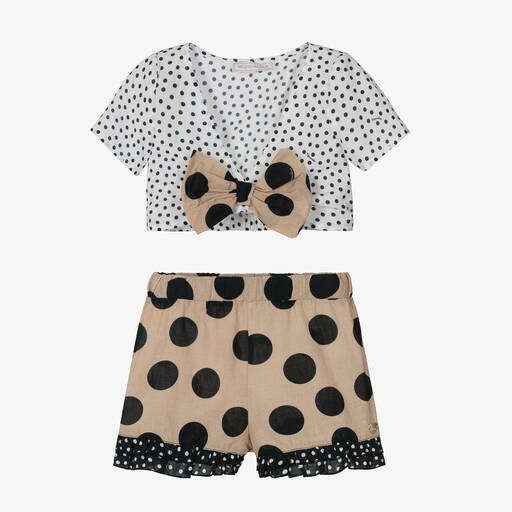 Monnalisa-Girls Beige Polka Dot Cotton Shorts Set | Childrensalon Outlet