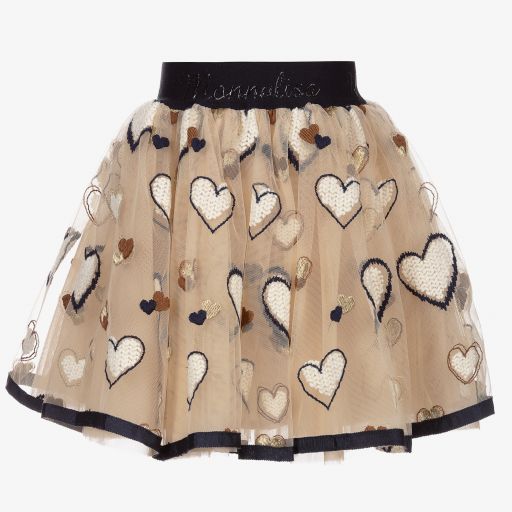 Monnalisa-Бежевая юбка из тюля с сердечками для девочек | Childrensalon Outlet