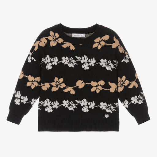 Monnalisa-Черный вязаный свитер с бежевыми цветами | Childrensalon Outlet