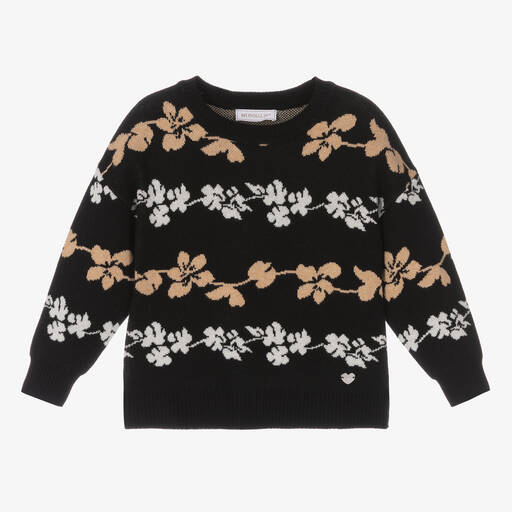 Monnalisa-Pull noir et beige à fleurs | Childrensalon Outlet