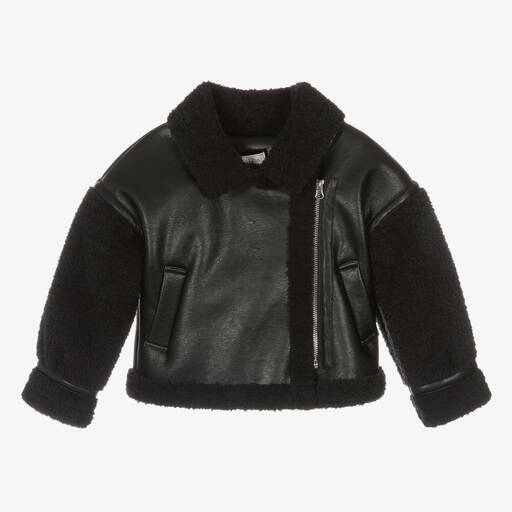 Monnalisa-Girls Black Faux Leather Aviator Jacket | Childrensalon Outlet