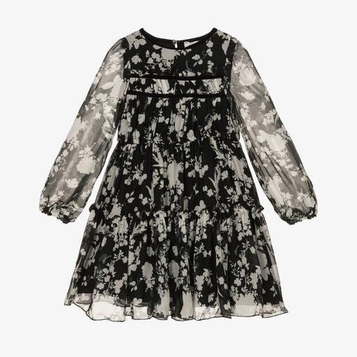 Monnalisa-Girls Black Floral Logo Dress  | Childrensalon Outlet