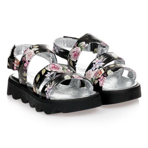 Monnalisa-Schwarze, geblümte Sandalen (M) | Childrensalon Outlet