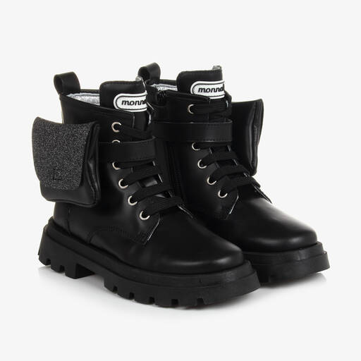 Monnalisa-Girls Black Leather Glitter Pocket Boots | Childrensalon Outlet