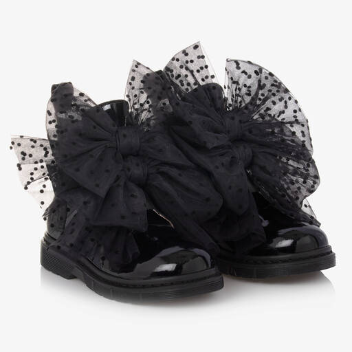 Monnalisa-Girls Black Patent Leather Bow Boots | Childrensalon Outlet
