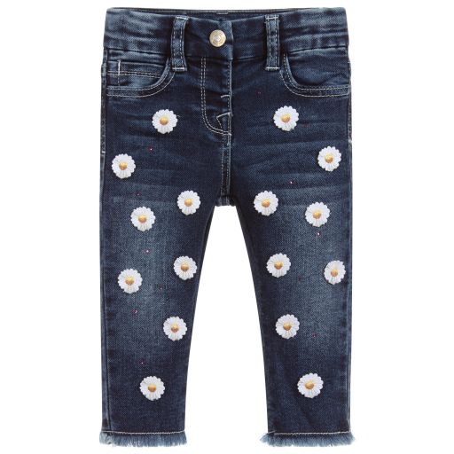Monnalisa Bebé-Girls Blue Daisy Denim Jeans | Childrensalon Outlet