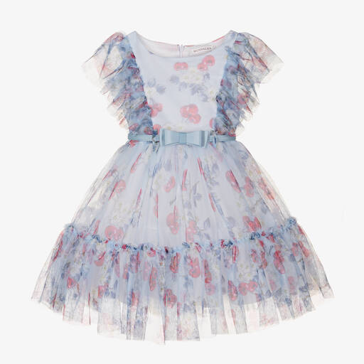 Monnalisa-Голубое платье из тюля с вишнями | Childrensalon Outlet