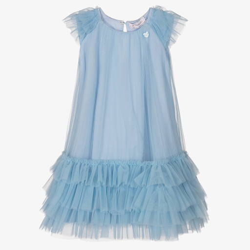 Monnalisa-Girls Blue Ruffled Tulle Dress | Childrensalon Outlet