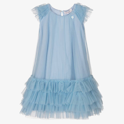 Monnalisa-فستان تول مزين بكشكش لون أزرق | Childrensalon Outlet