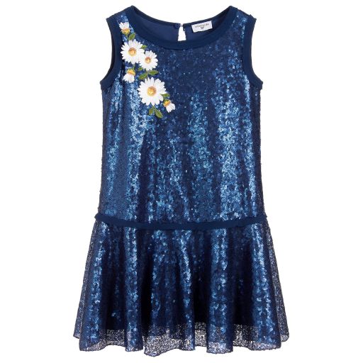 Monnalisa-Girls Blue Sequinned Dress  | Childrensalon Outlet