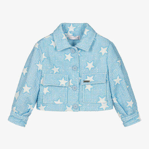 Monnalisa-Girls Blue Tweed Sequin Stars Jacket | Childrensalon Outlet