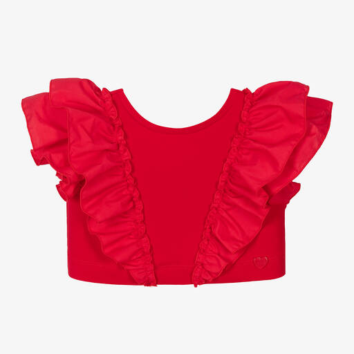Monnalisa-Красная укороченная футболка с рюшами | Childrensalon Outlet