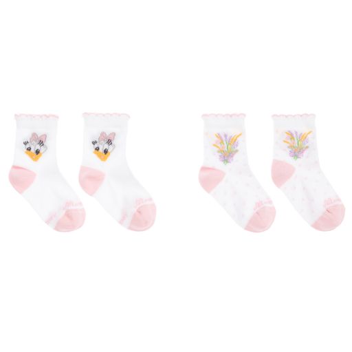Monnalisa-جوارب "ديزني" مزيج قطن لون أبيض وزهري (عدد 2) | Childrensalon Outlet