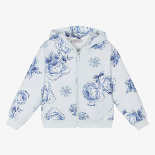 Monnalisa-Girls Floral Blue Cotton Hoodie | Childrensalon Outlet