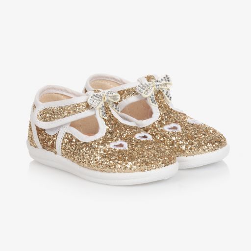 Monnalisa-Girls Gold Glitter Bow Shoes | Childrensalon Outlet