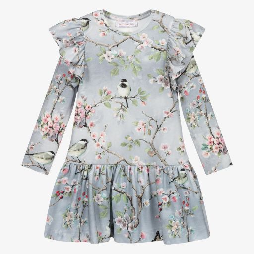Monnalisa-Graues Kleid mit Blumen-Print (M) | Childrensalon Outlet