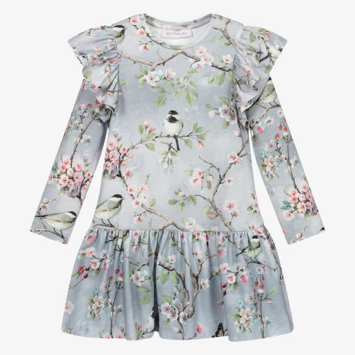 Monnalisa-فستان قطن جيرسي لون رمادي بطبعة ورود | Childrensalon Outlet