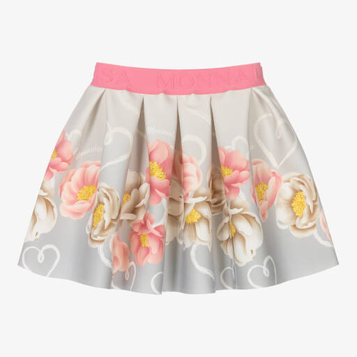 Monnalisa-Girls Grey & Pink Floral Neoprene Skirt | Childrensalon Outlet