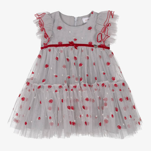 Monnalisa-Girls Grey & Red Rose Tulle Dress | Childrensalon Outlet