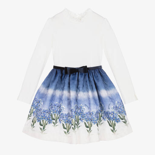 Monnalisa-Girls Ivory & Blue Floral Print Dress | Childrensalon Outlet