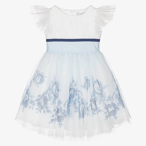 Monnalisa-Girls Ivory & Blue Floral Tulle Dress | Childrensalon Outlet