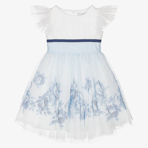 Monnalisa-Кремово-голубое платье из тюля с цветами | Childrensalon Outlet