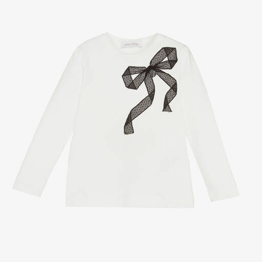 Monnalisa Chic-Girls Ivory Cotton Bow Charm Top | Childrensalon Outlet