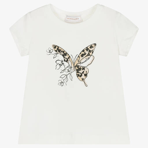 Monnalisa-Girls Ivory Cotton Butterfly T-Shirt | Childrensalon Outlet
