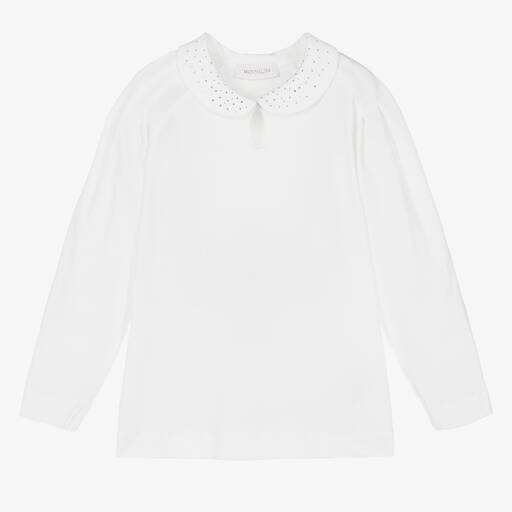 Monnalisa Chic-Girls Ivory Cotton Diamanté Collar Top | Childrensalon Outlet