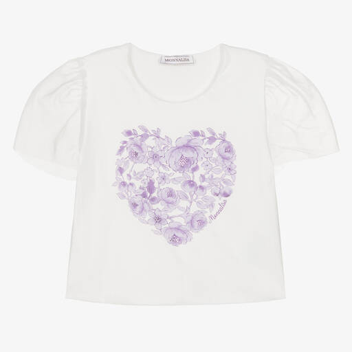 Monnalisa-Кремовая хлопковая футболка с сердцем из цветов для девочек | Childrensalon Outlet