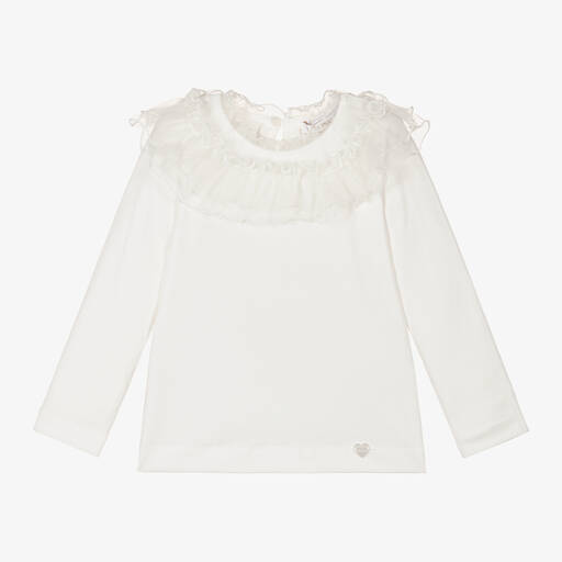 Monnalisa-Girls Ivory Cotton Jersey Collared Top | Childrensalon Outlet